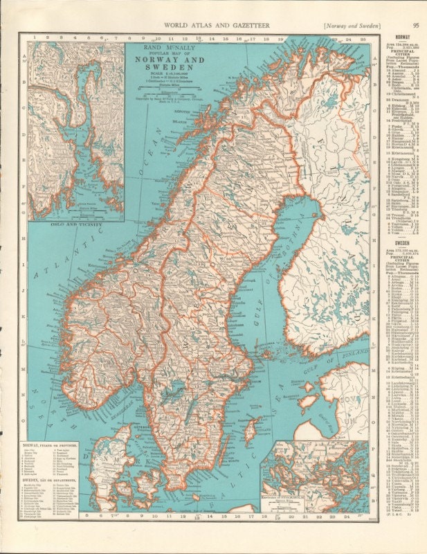 Vintage Norway and Sweden Map 1940 Large Print Bookplate in Vintage Norway and Sweden Map 1940 Large Print Bookplate in