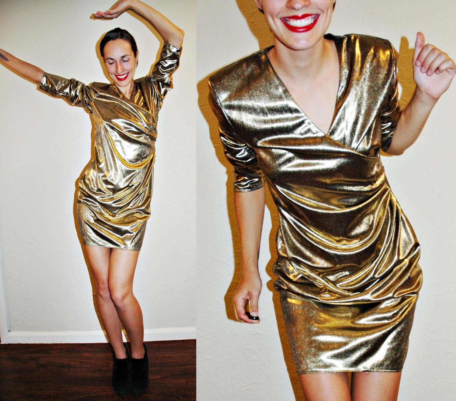 vintage 80s GOLD Lame Ruched DRAPING Waist Glamour Party Dress