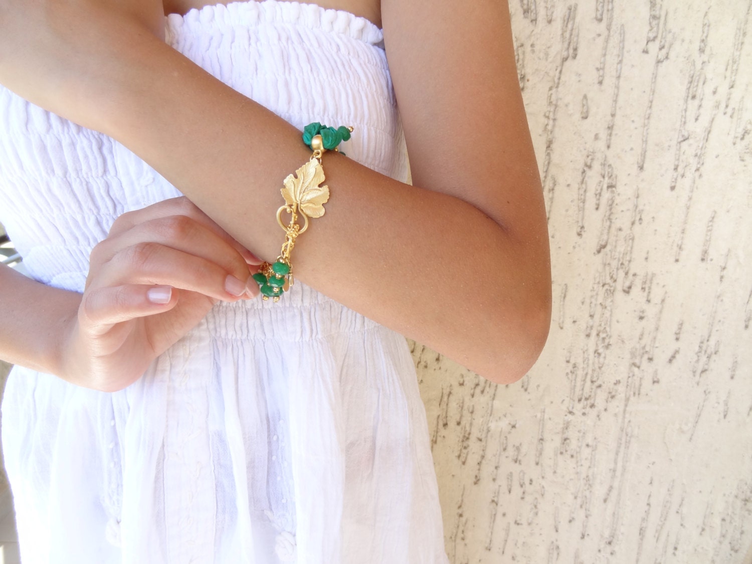 Green Jade Bracelet Gold Plated Bracelet Bohemian Silk