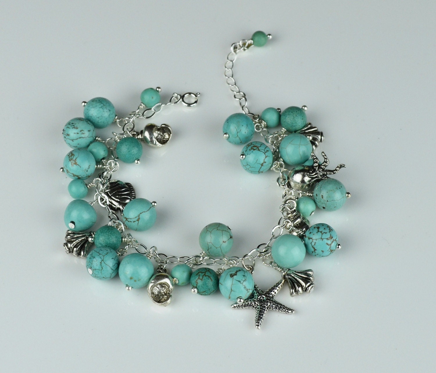 Turquoise beads charm bracelet. Nautical theme bracelet