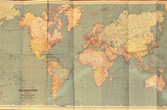 Carte du monde ancienne 1950 planisphère
