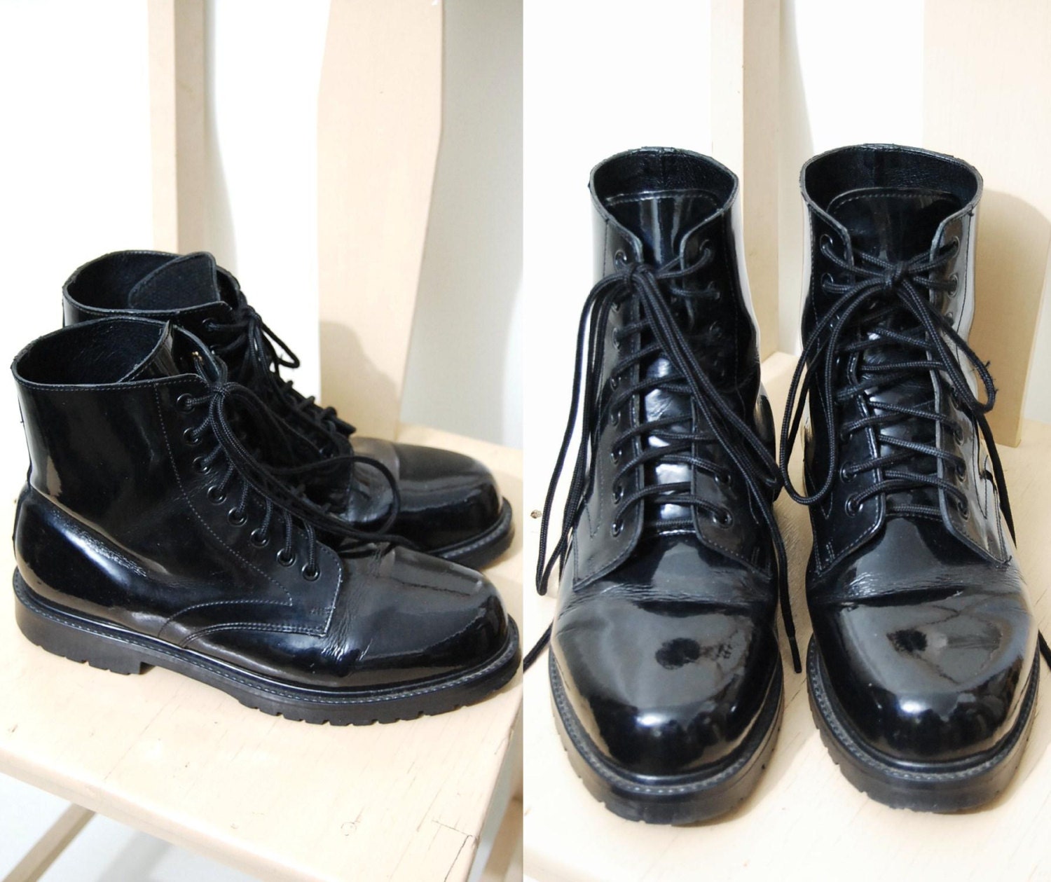 90s Vintage BLACK LEATHER Mens Boots SHINY Patent Military