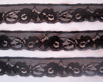 Black Flower Stretch Lace Trim, Black, 1 1/4" inch wide, 1 Yard, For Apparel, Accessories, Home Decor, Mixed Media