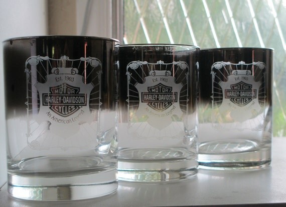 Harley Davidson Etched 12 oz. Glasses With Smokey by lingerawhile