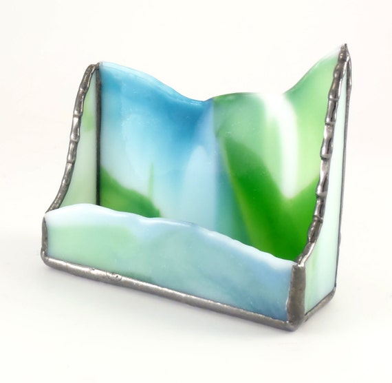 Unique Desktop Business Card Holder - Desk Accessories - Stained Glass - Blue Green