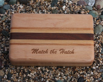 Maple Fly Box with "Match the Hatch" fly fishing slogan