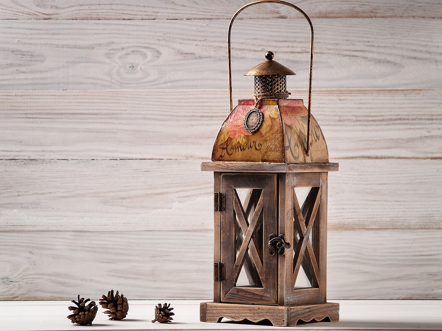 Valentines Day Decor Vintage Decoupage Lantern Lamp Handmade