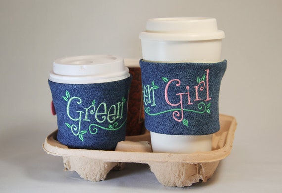 Reversible Cup Cosy Sleeve in Upcycled Denim - Environmental Green Girl