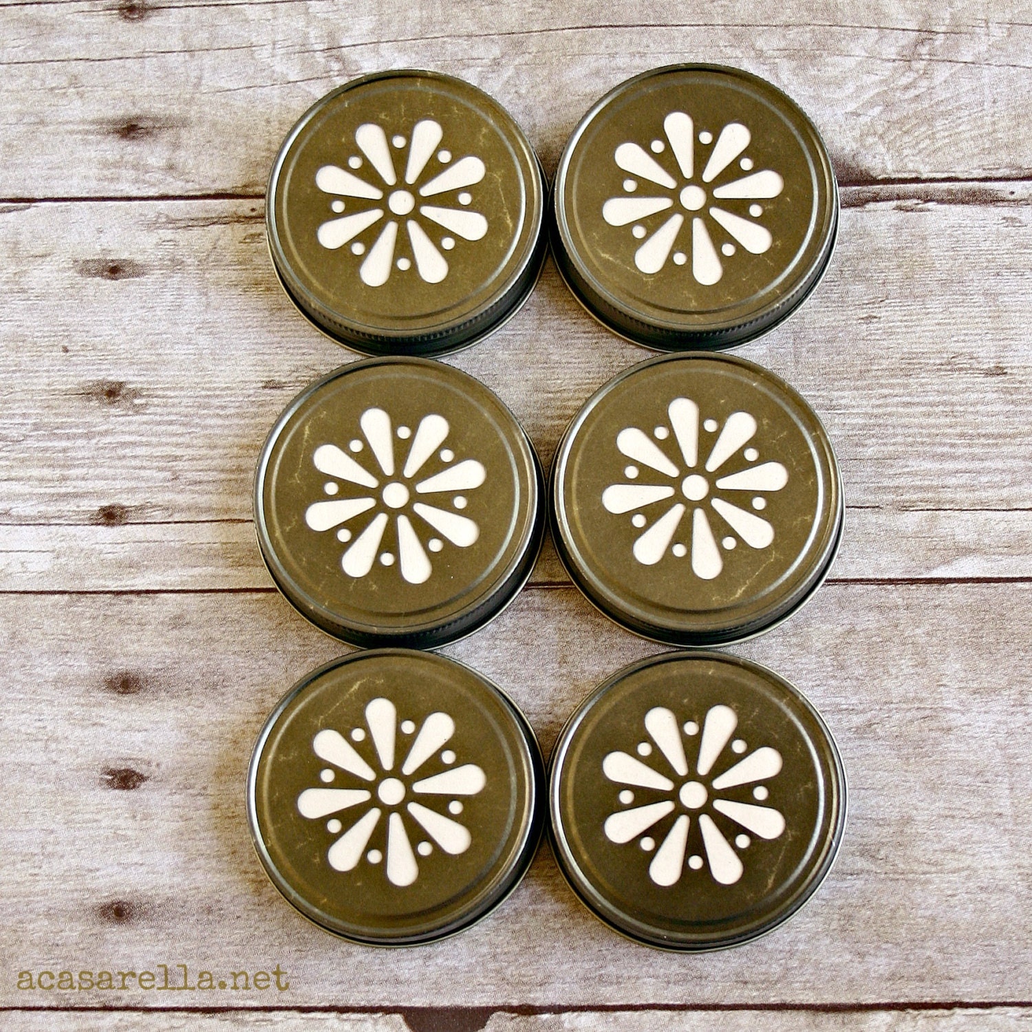 Six 6 Daisy Cut Mason Jar Lids in Antique Gold