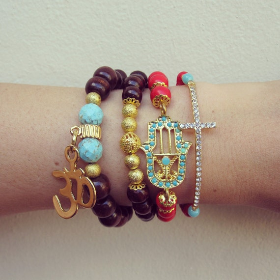 Items similar to Arm Candy Sideways Cross Hamsa Hand Beaded Bracelets