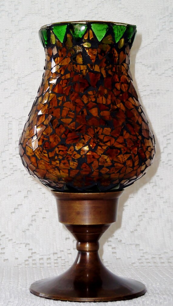 Vintage Amber with Green Mosaic Hurricane Lamp with a Bronze