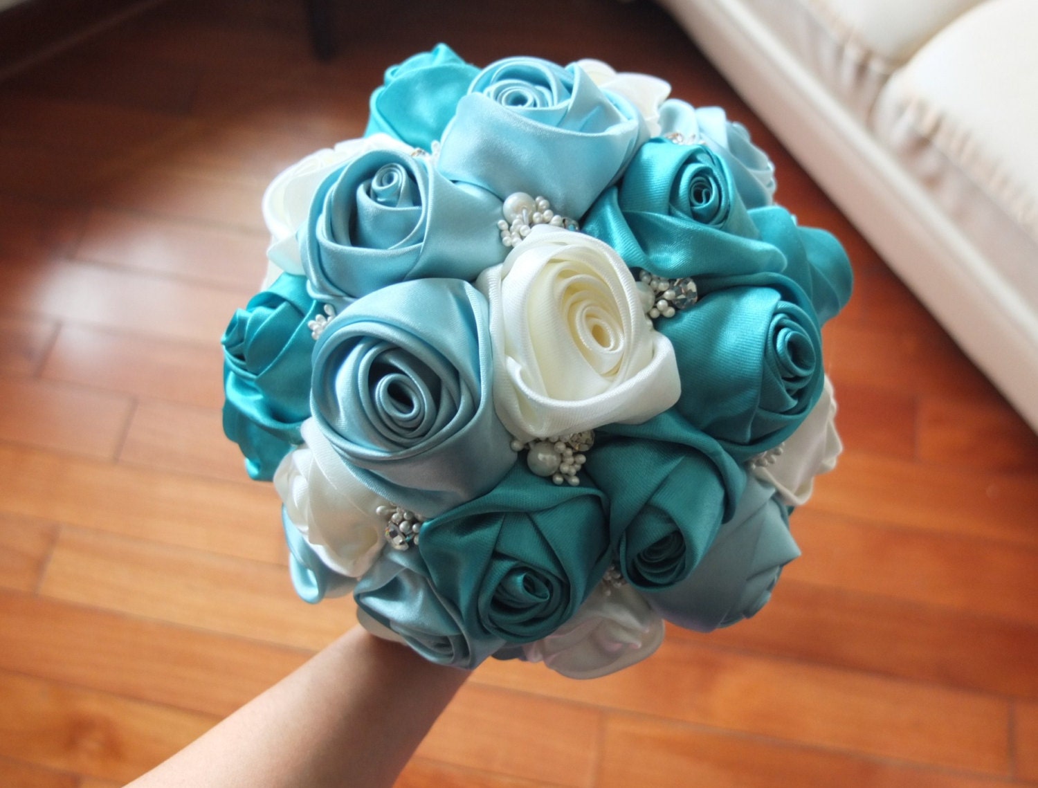 Ribbon Rose Bouquet Satin Rose Bouquet Ivory & Teal Flower