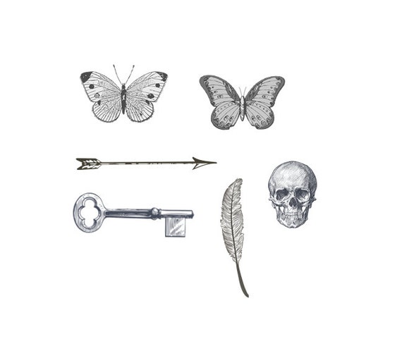 tattoos - vintage designs- arrow, key, feather, skull, butterflies 