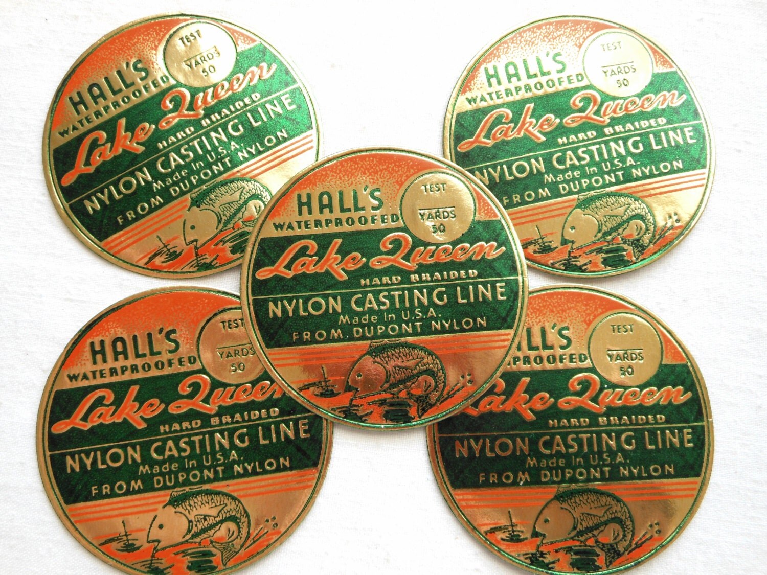 Vintage Fishing Line Labels Rare 1940s Embossed Orange
