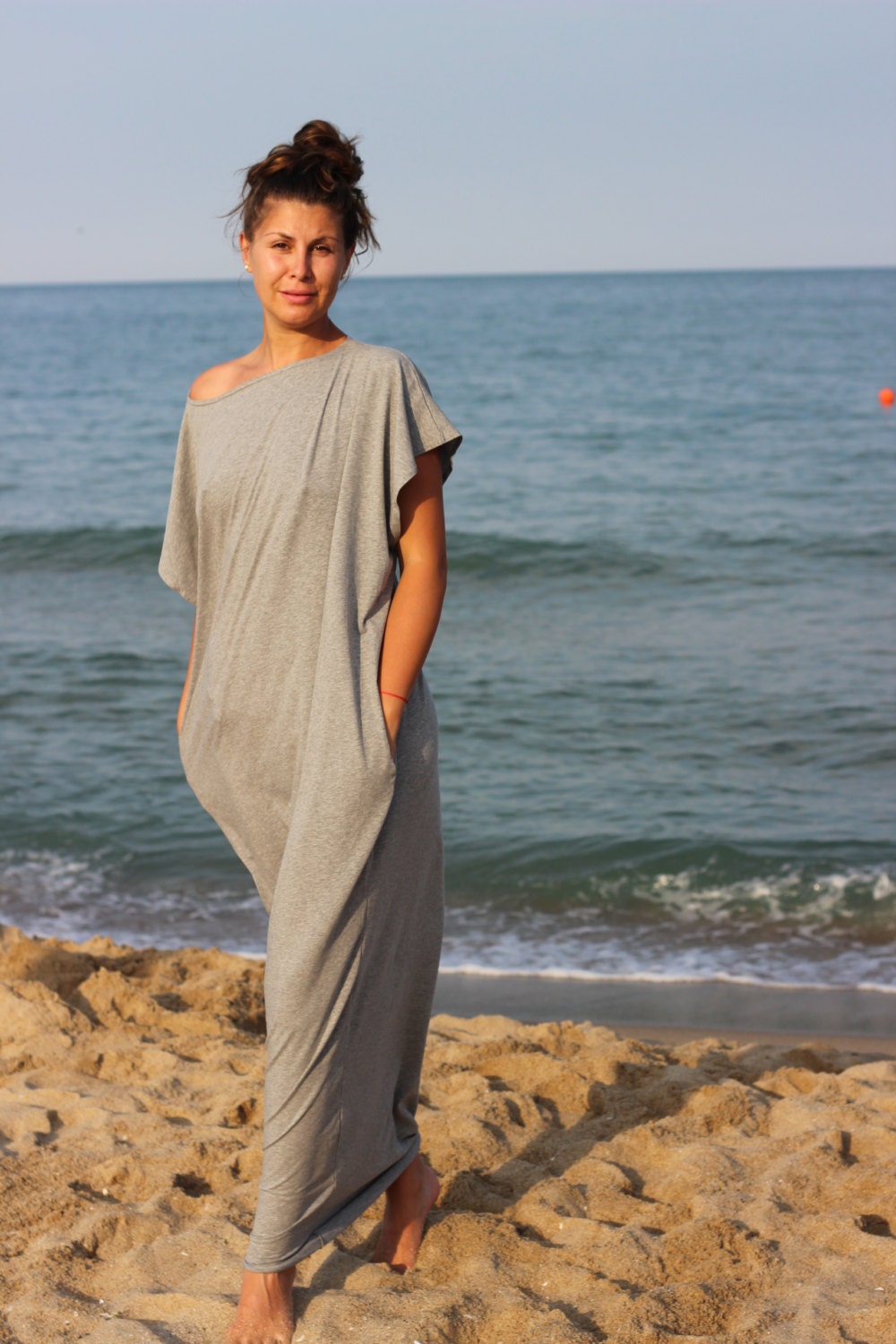 Light Gray Maxi Dress Cotton Knit Caftan Dress Plus Size