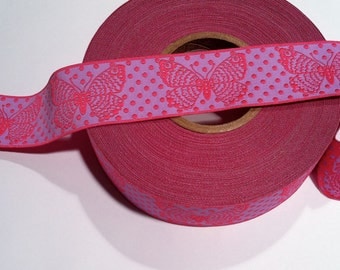 Pink BUTTERFLIES on Purple Jacquard Ribbon - 1.5"