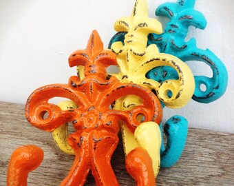 BOLD petite fleur de lis double wall hooks // towel coat hooks // set of three summer squash yellow aqua blue & orange // shabby chic