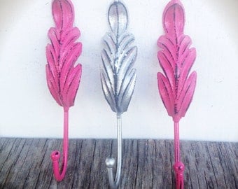 BOLD set of three metal FEATHER wall towel hooks // SHABBY chic metallic silver & hot pink hand painted // girls woodland cottage