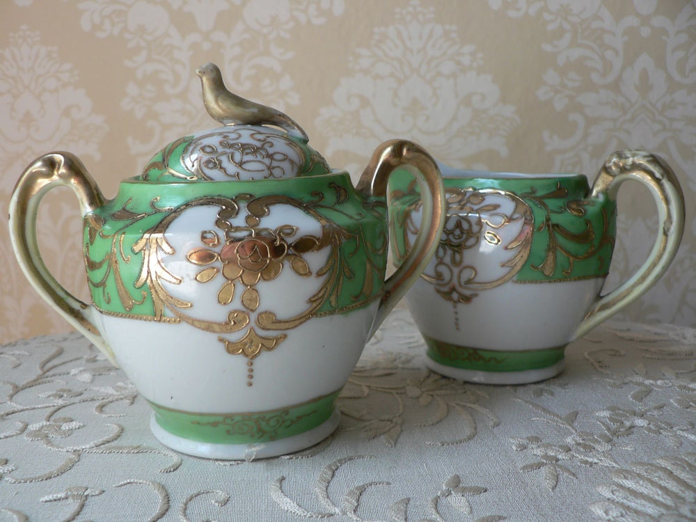 Vintage Japan Green Gold Bird Creamer and Sugar Bowl set Haute Juice