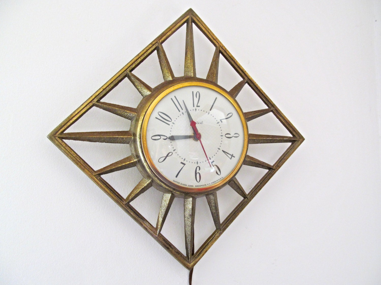 Vintage Gold Metal Wall Clock Sunburst United Mid Century