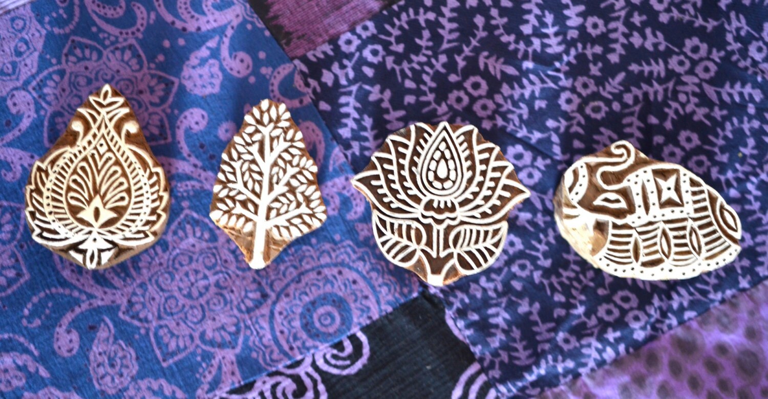 4 Traditional Indian Henna carved wood block stamps tree