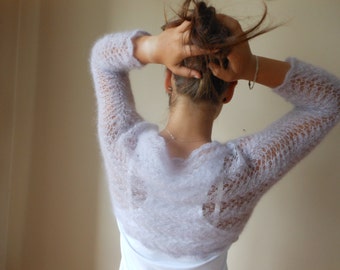 Knitted Shrug Bolero Wedding Summer Shrug Lace Pearl Grey Lila Mohair Silk