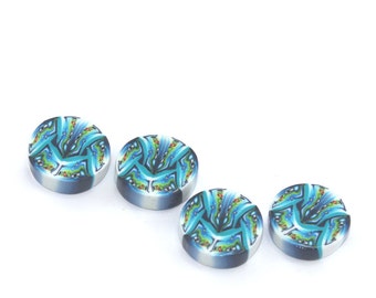 blue, turquoise and white round flat beads, Polymer clay beads, set of 4 unique millefiori beads, blue beads