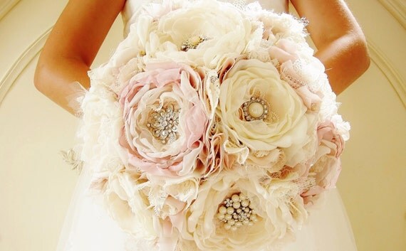 Fabric Brooch Bouquet, Bridal Bouquet, Fabric Flower Bouquet, Handmade Bridal Bouquet, Vintage Wedding, Light Pink - Blush, Custom Colors by bouquets4love