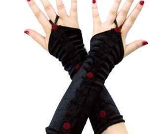 Soft Black Velvet Gloves, gothic, victorian, lolita, punk, harajuku, vampire, fingerless, arm warmers, red roses, gloves, sexy, beautifull