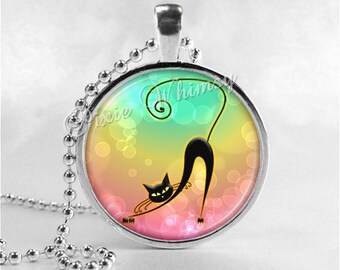 BlACK CAT Necklace, Cat Pendant, Cat Jewelry, Cat Charm, Glass Photo Art Necklace Pendant, Cat Silhouette
