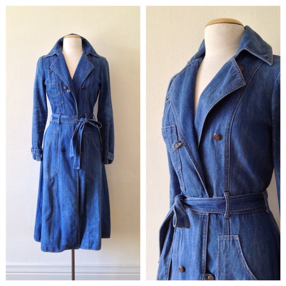 denim trench coat / 70s small fitted midi coat / 1970s cotton