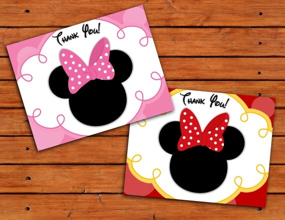Minnie Mouse Head Thank You Cards - Pink and Red - Printable Digital File - 2 PDFs - Instant Download Il_570xn