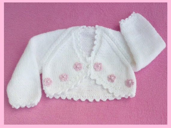 White hand knitted premature baby bolero cardigan