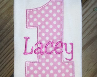 Personalized Girls Pink and White Polka Dot First Birthday Shirt / Girls Birthday Shirt