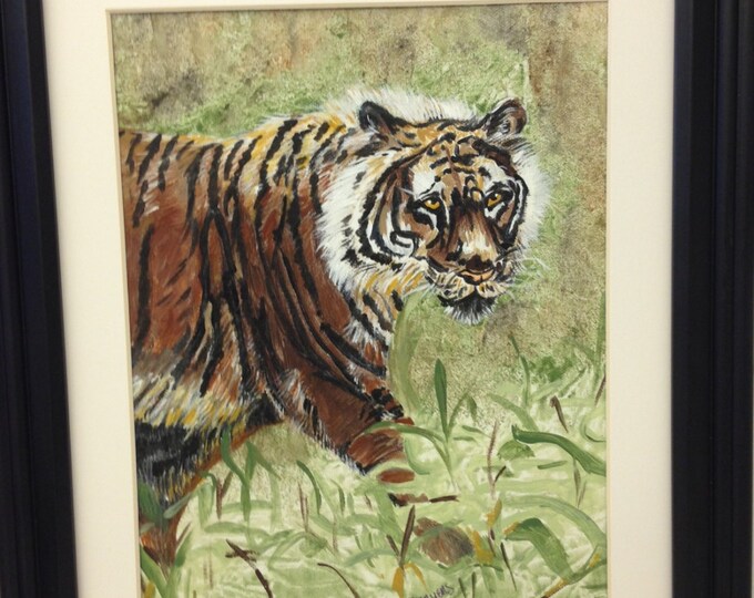 Tiger On The Prowl! Acrylic Painting on Canvas Framed in a Black Wood Frame with Ivory Matte