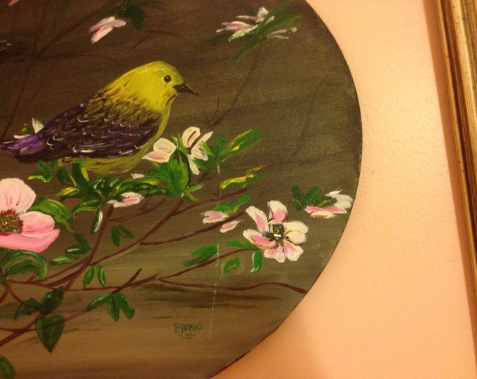 Yellow Finch amongst the Apple Blossoms - Acrylic Paint on Oval 20" Canvas