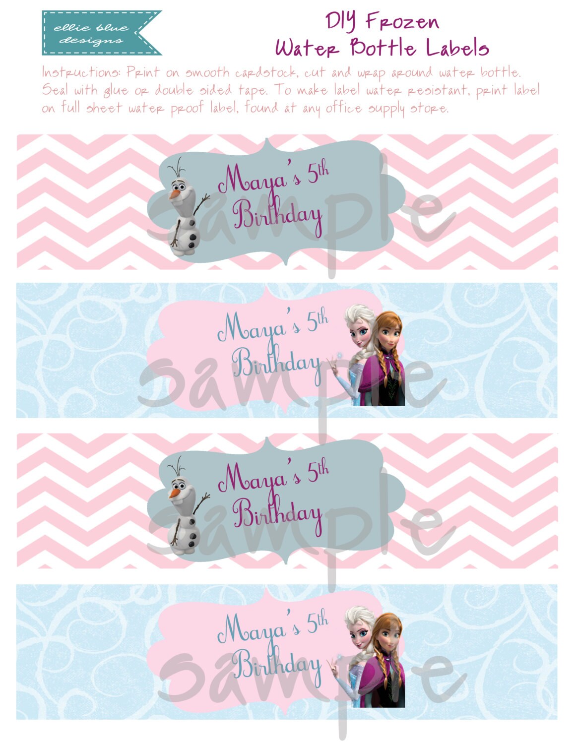 Printable Party Water Bottle Labels Disney's Frozen