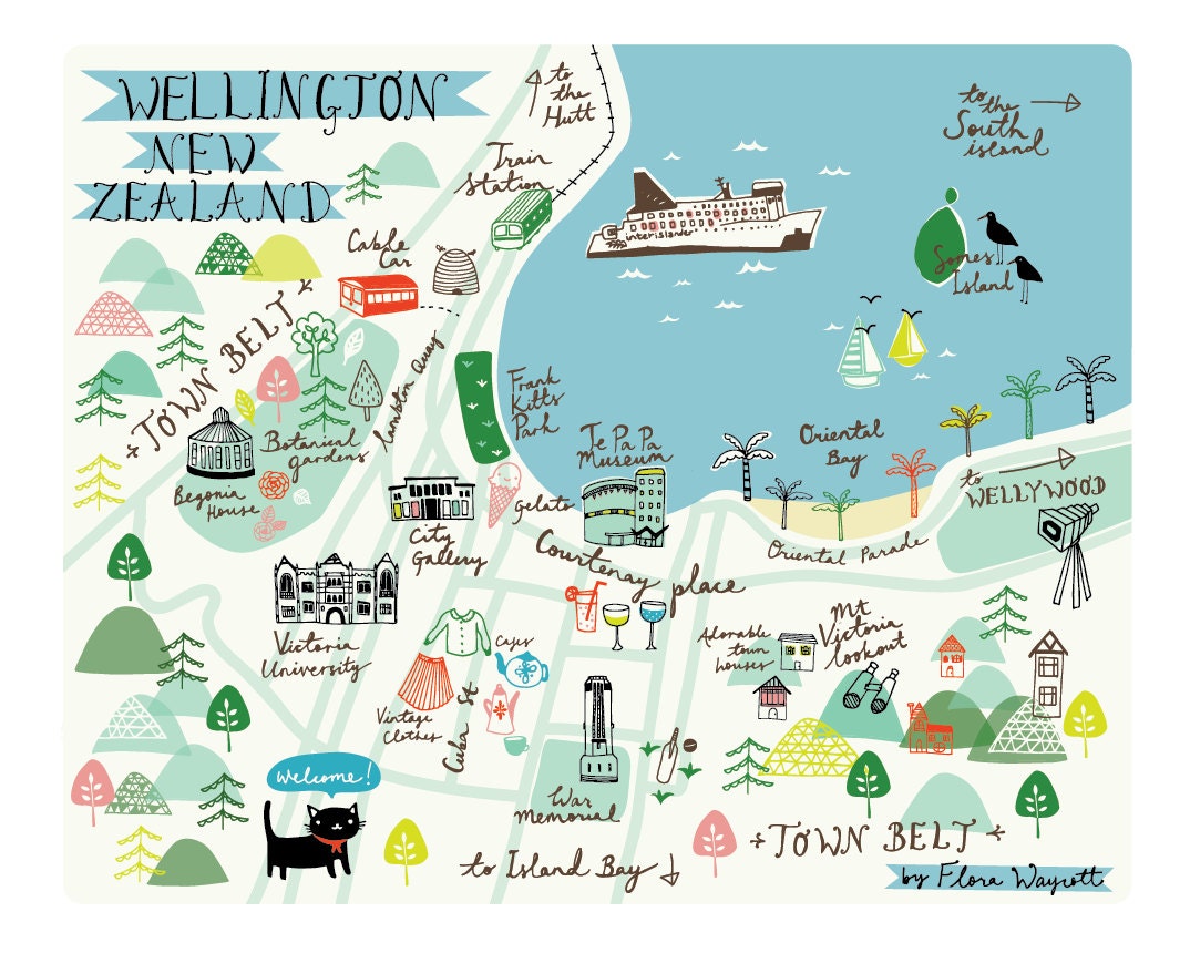 Map of Wellington New Zealand 8 x 10 by florawaycott on Etsy