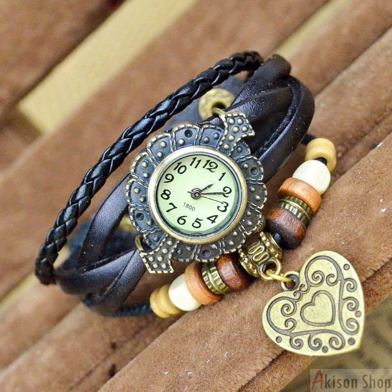 Women Vintage Leather Quartz Wrist Watch Heart Pendent Bracelet Watches S012