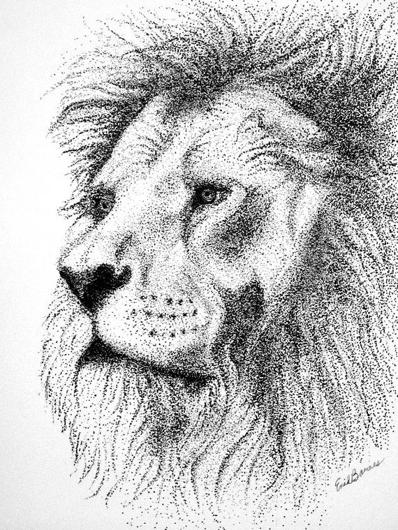 Original LION Pointillism Pen and Ink Drawing 