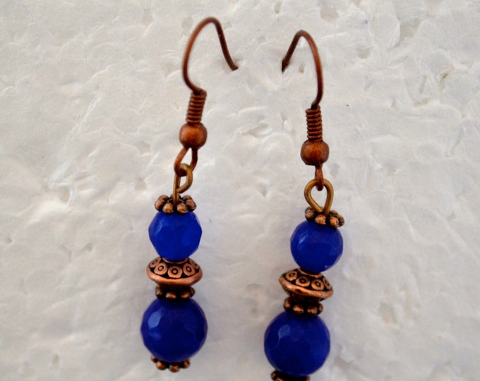 Sapphire French Hook Earrings, 2" Long, Copper, Natural Sapphire Beads E400