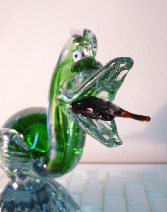 Murano Glass Bird Pelican Fish in Mouth Green Blue Ocean Sea