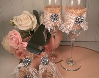 Rustic Wedding Cake Knife And Toasting Flutes Burlap Lace Cutting Serving Set Rustic Wedding Cake Knife And Toasting Flutes Burlap Lace Cutting Serving Set