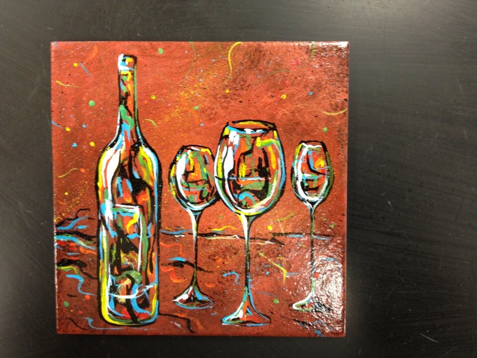 Handpainted original painting / Wine art one bottle & 3
