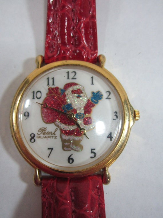 Vintage Santa Watch Glitter Pearl Quartz Santa Watch With