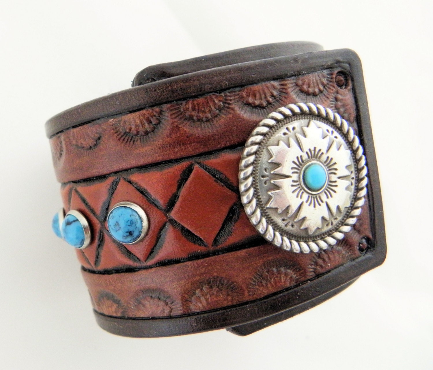 Tooled Leather Cuff with Turquoise Spots and by GotStyleNow