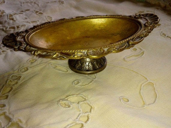 Antique 1900 Silver Plated Tray - Floral Pedestal - Handled - Handmade- French- Art Nouveau Dish- Oval Shape-1000 Silver Mark - Shell Design
