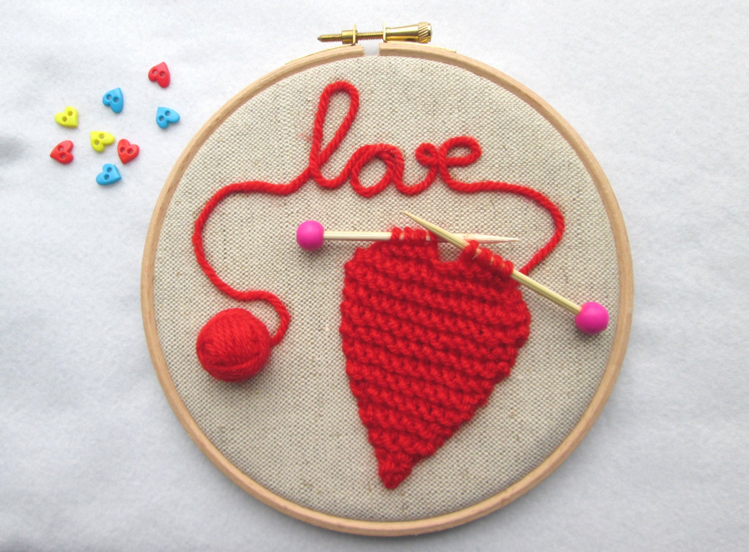 Embroidery hoop art knitted heart hoop Valentine's day