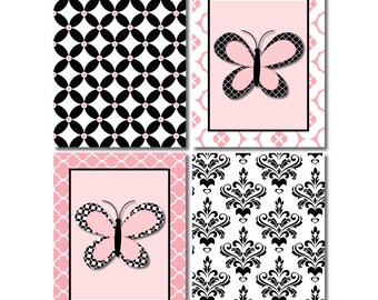 Girls room art Baby decor Butterfly wall art Pink black nursery decor Butterfly artwork Pink baby decor Damask baby nursery Toddler girl art