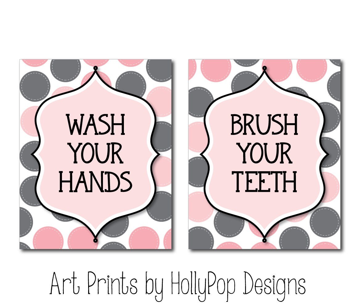 Pink Gray Bathroom Wall Art Childrens Bathroom by HollyPopDesigns